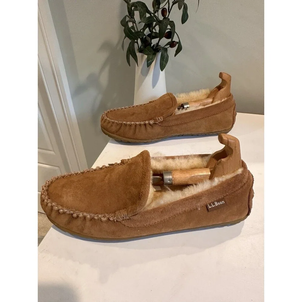 L.L.Bean Men's Wicked Good Shearling Slipper Moccasins Brown Suede Size 9 M